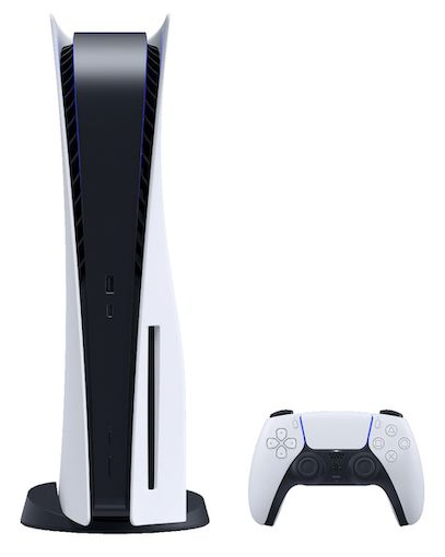 Original white PS5 standing vertically with a white controller